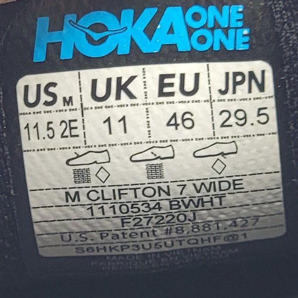 Hoka One One Clifton 7 Mens 11.5(2E) Wide Running Athletic Shoes - 1110534 BWHT main image 12